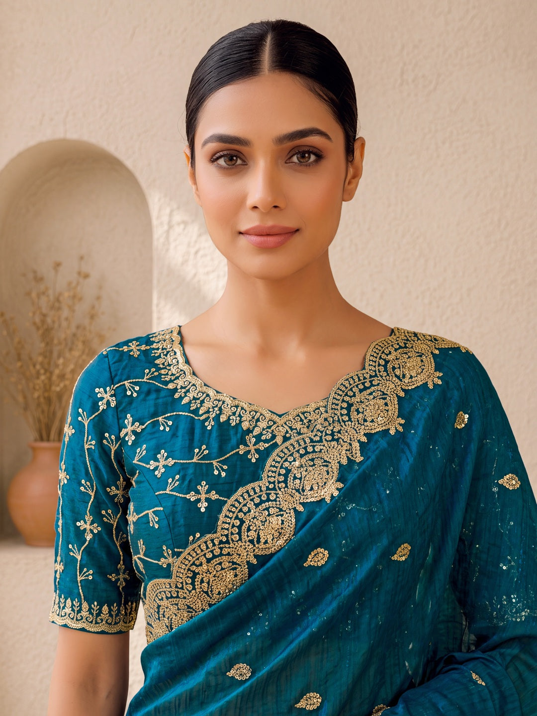 Peachmode Teal Fandy Chiffon Sequin work Saree - Image 2