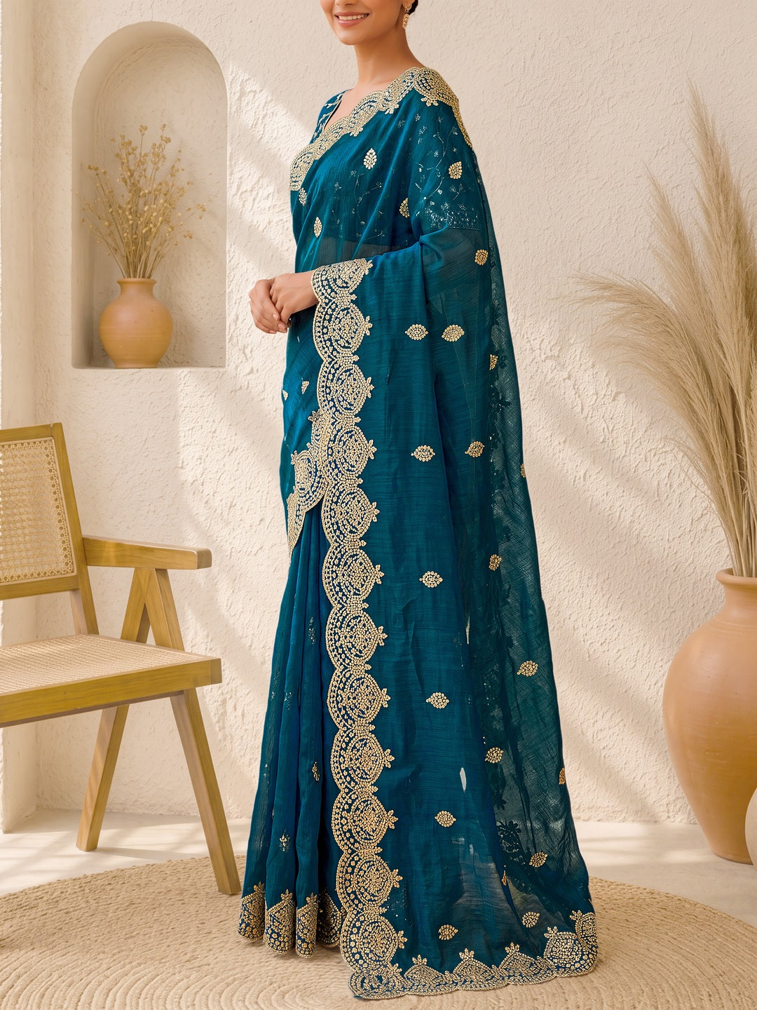 Peachmode Teal Fandy Chiffon Sequin work Saree - Image 5
