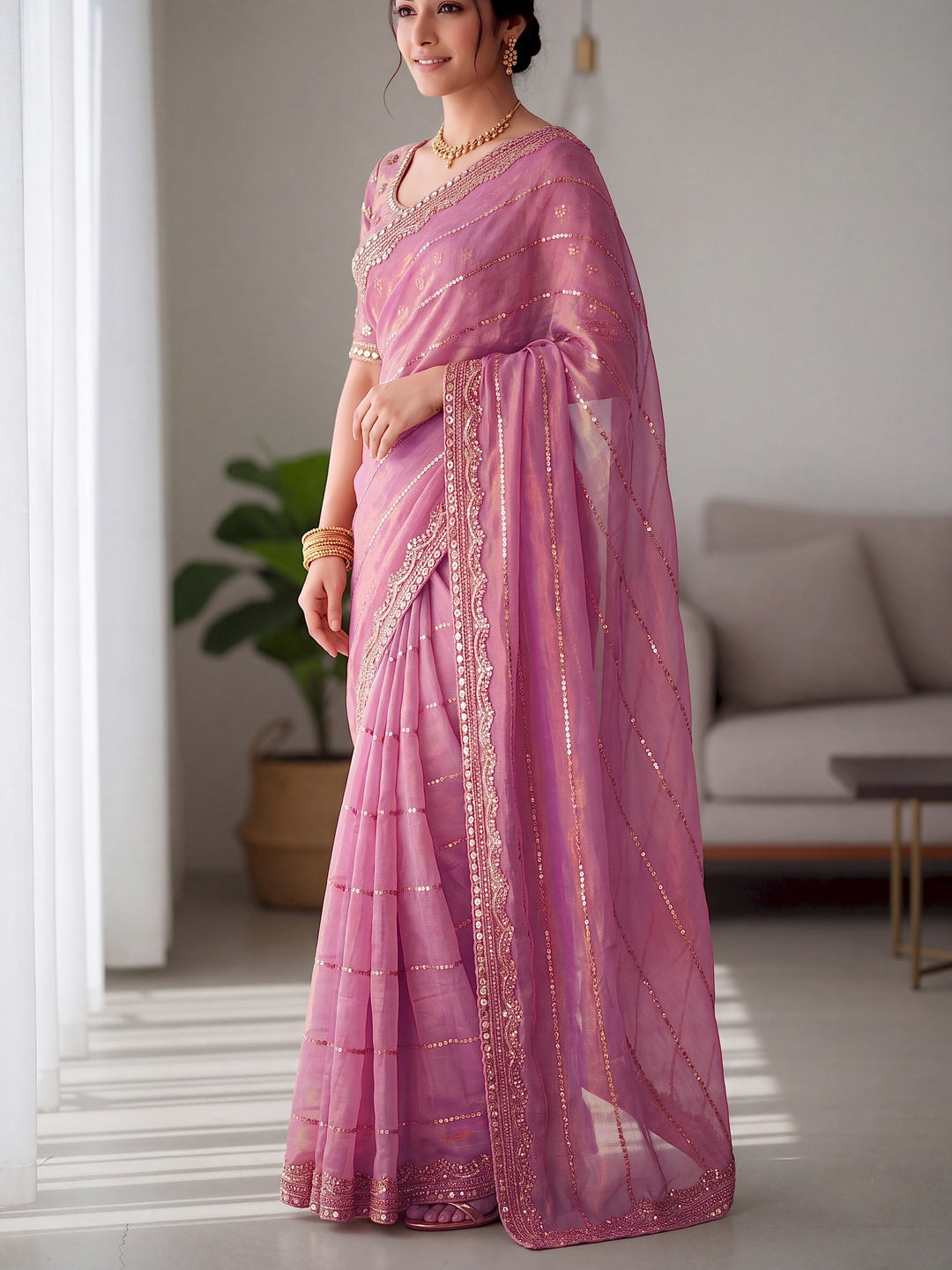 Peachmode Pink Fandy Chiffon Sequin work Saree - Image 1