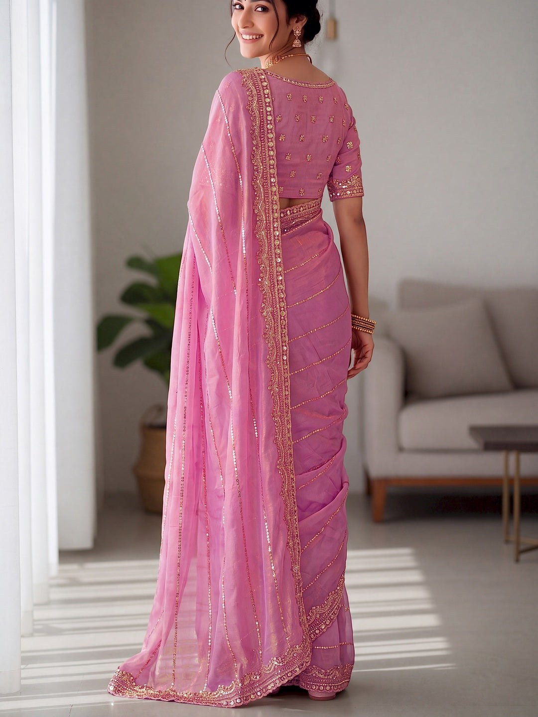 Peachmode Pink Fandy Chiffon Sequin work Saree - Image 2