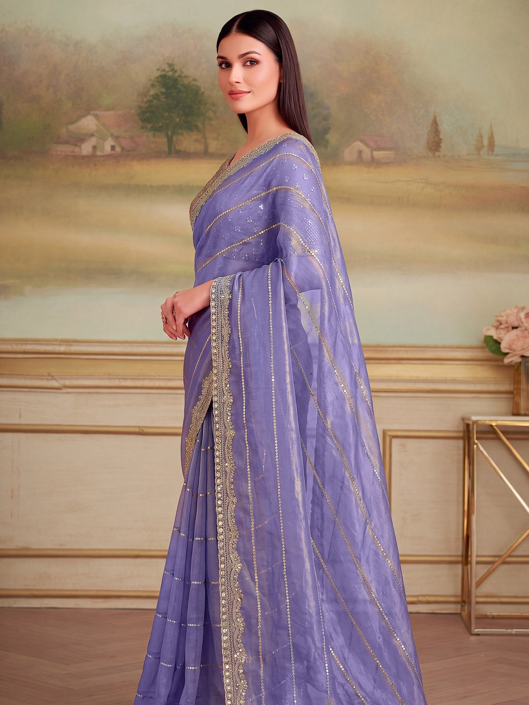 Peachmode Purple Fandy Chiffon Sequin work Saree - Image 1