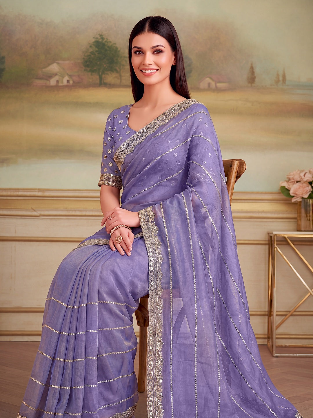 Peachmode Purple Fandy Chiffon Sequin work Saree - Image 3