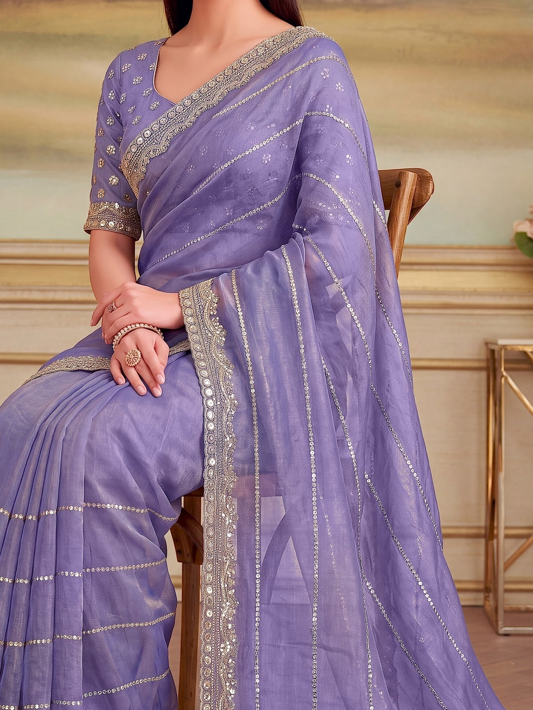 Peachmode Purple Fandy Chiffon Sequin work Saree - Image 4