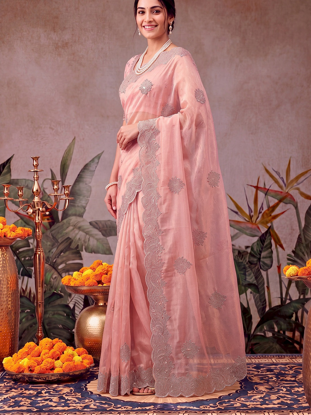 Peachmode Pink Twill Net Embroidery work Saree - Image 3