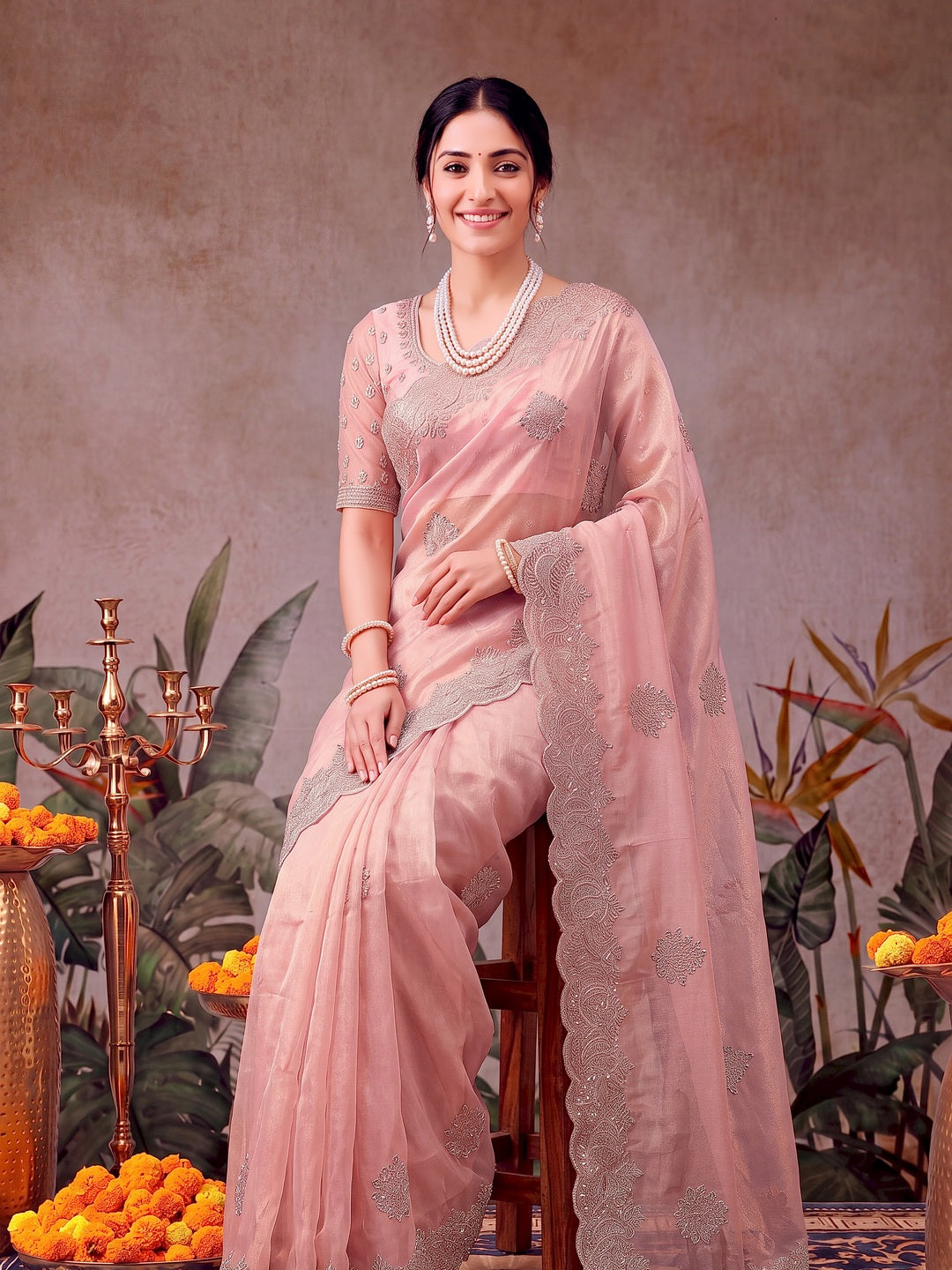 Peachmode Pink Twill Net Embroidery work Saree - Image 4