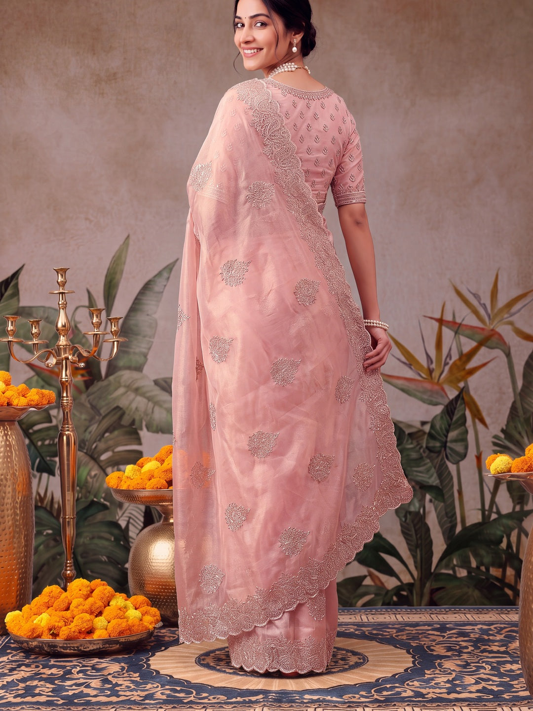 Peachmode Pink Twill Net Embroidery work Saree - Image 5