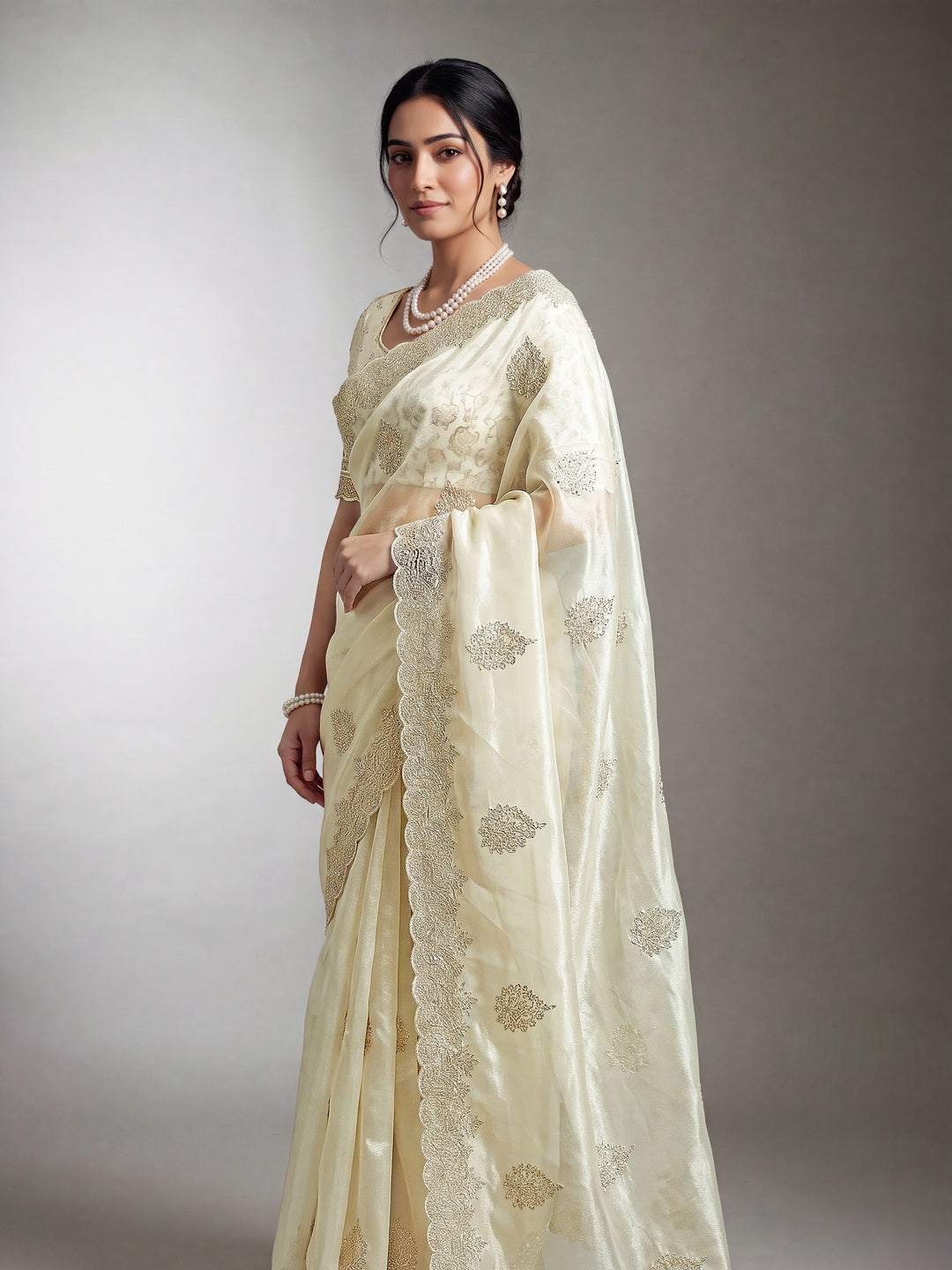 Peachmode Offwhite Twill Net Embroidery work Saree - Image 2