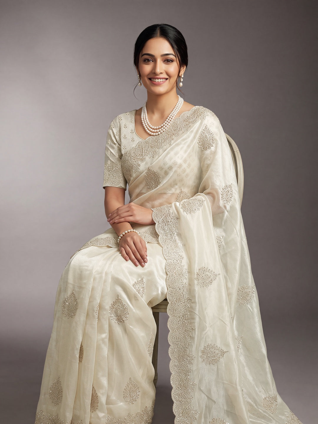 Peachmode Offwhite Twill Net Embroidery work Saree - Image 4