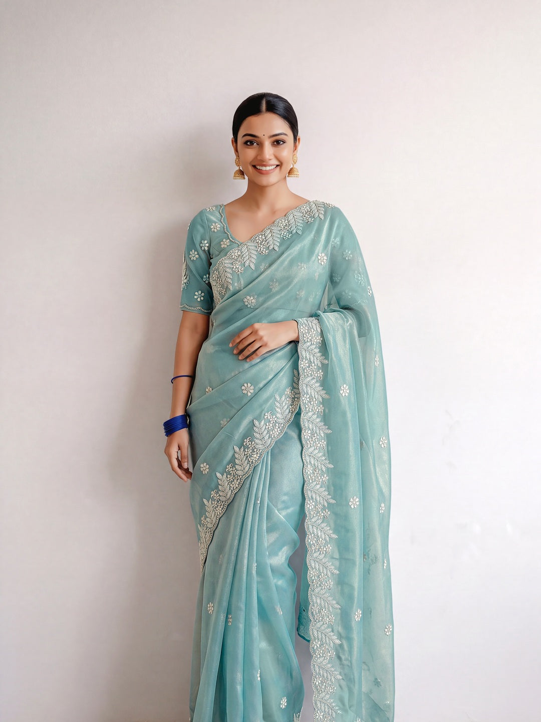Peachmode Sea Green Georgette Resham embroidery Saree - Image 1