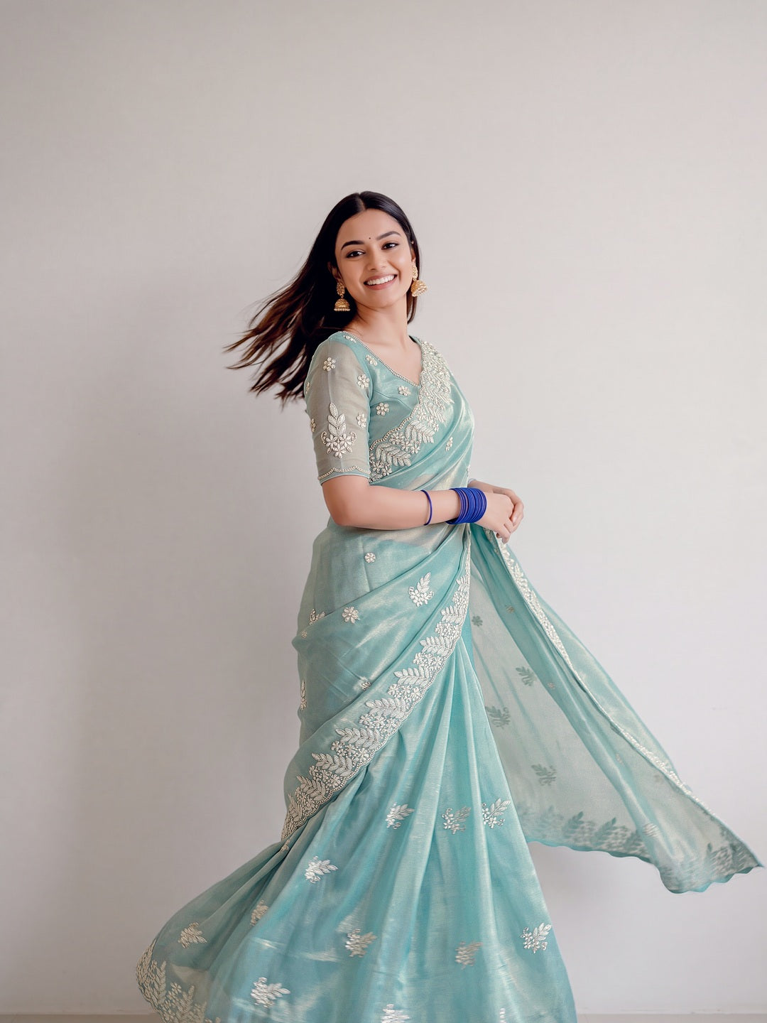 Peachmode Sea Green Georgette Resham embroidery Saree - Image 4