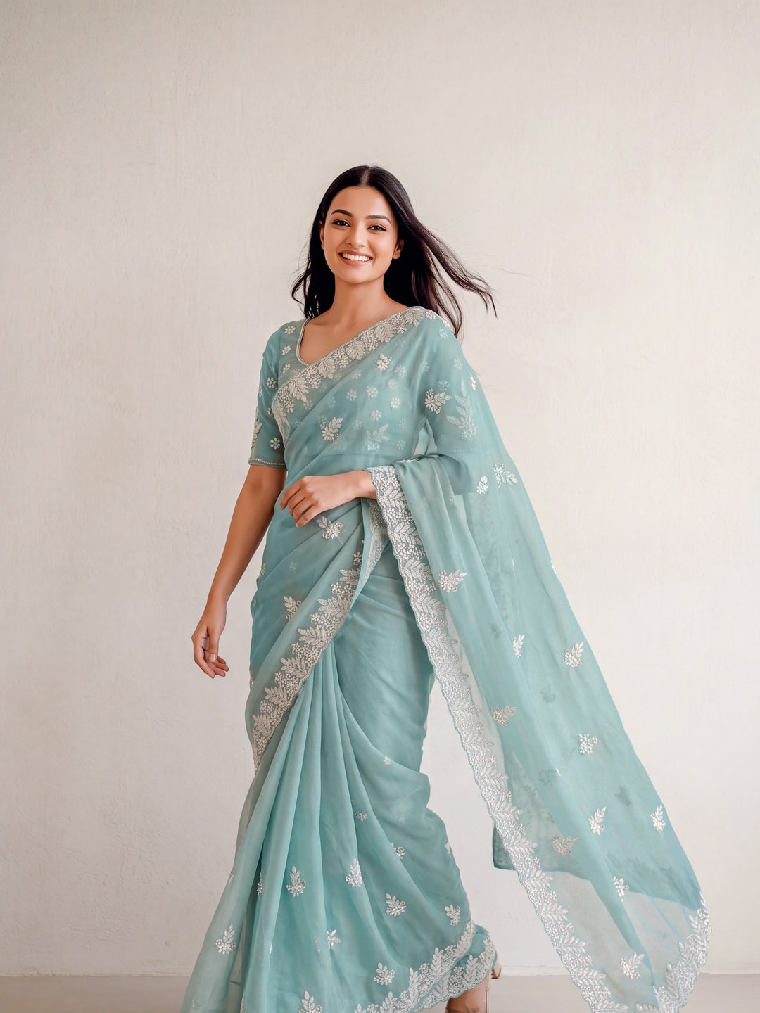 Peachmode Sea Green Georgette Resham embroidery Saree - Image 5