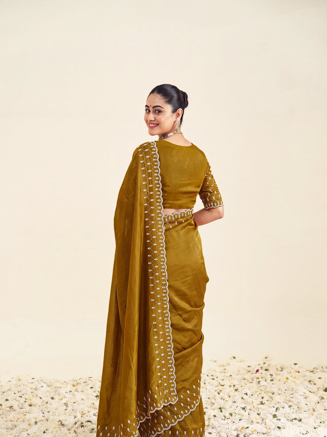 Peachmode Mustard Fandy Satin Handwork with jharkhand embellishment Saree - Image 2