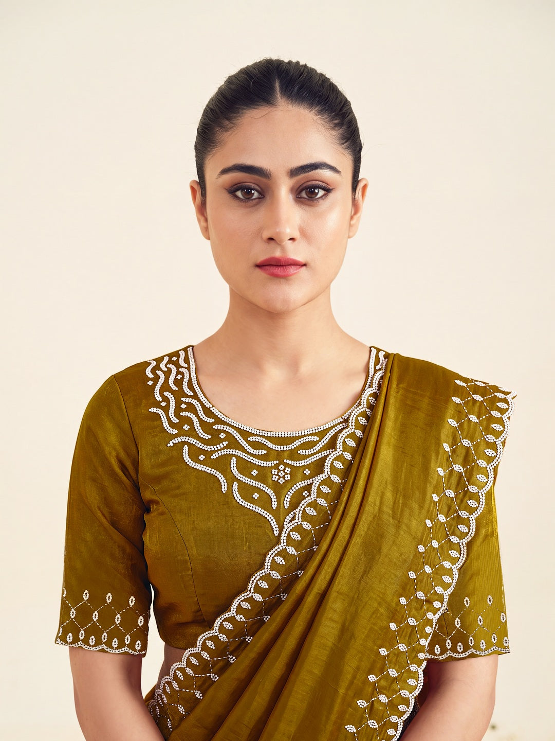 Peachmode Mustard Fandy Satin Handwork with jharkhand embellishment Saree - Image 4