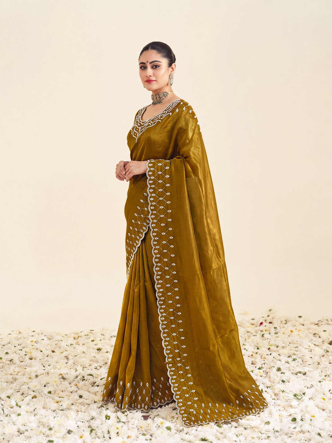Peachmode Mustard Fandy Satin Handwork with jharkhand embellishment Saree - Image 5