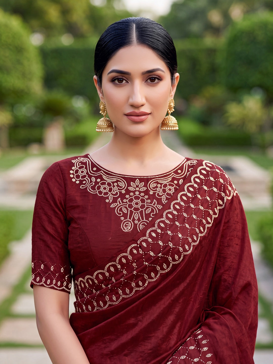Peachmode Rust Fandy Satin Handwork with jharkhand embellishment Saree - Image 4