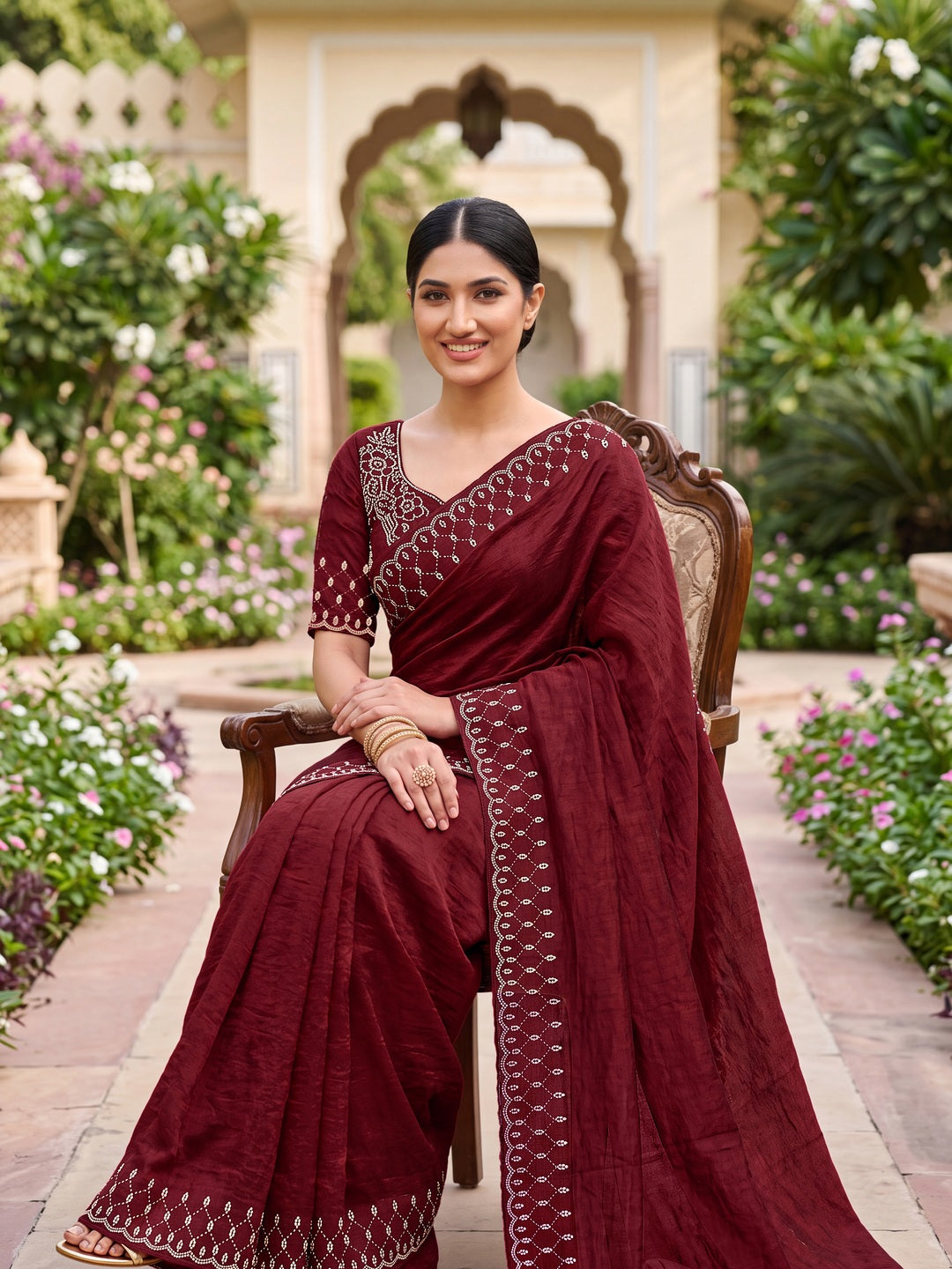 Peachmode Rust Fandy Satin Handwork with jharkhand embellishment Saree - Image 5