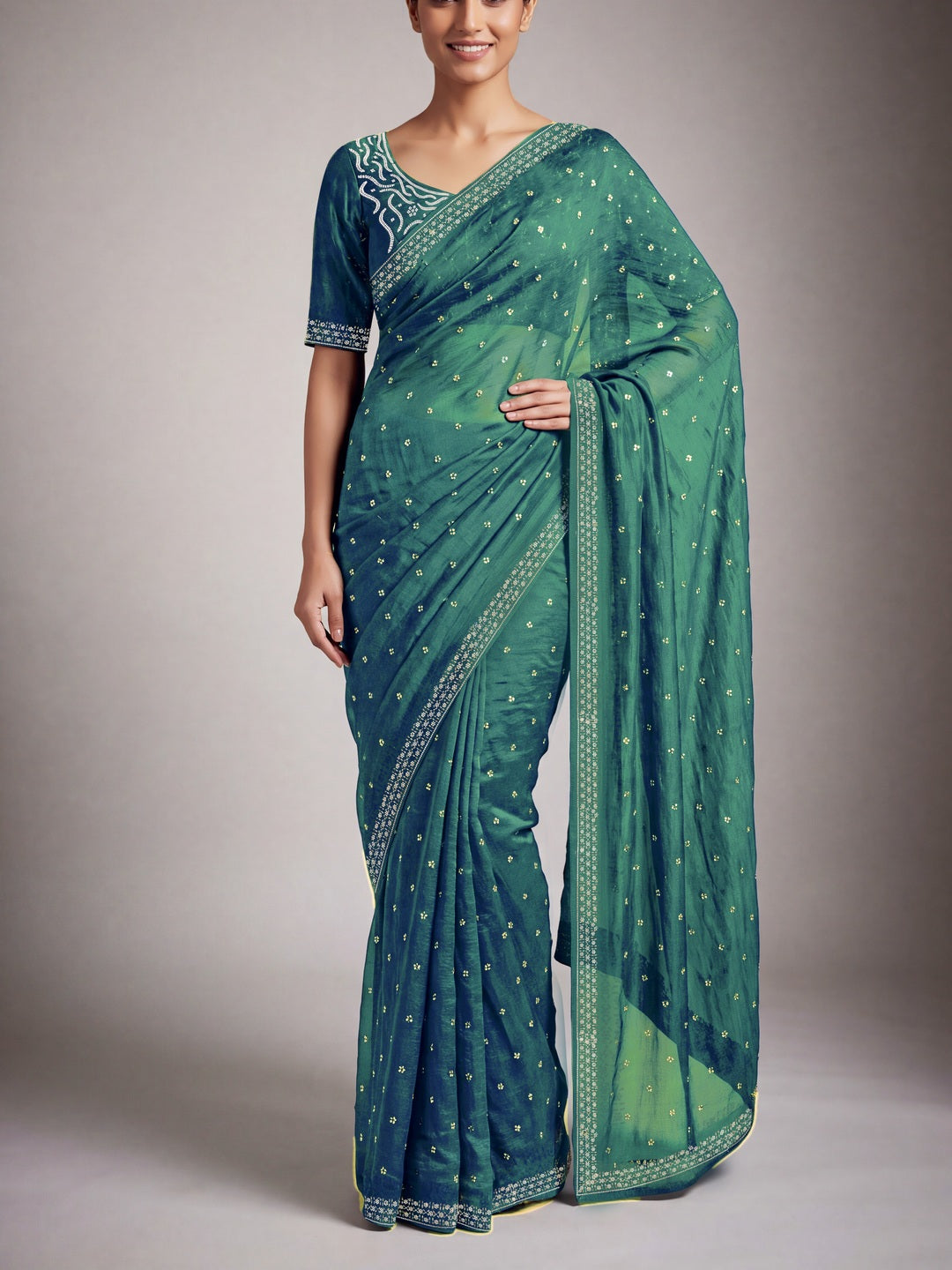 Peachmode Sea Green Fandy Satin Handwork with jharkhand embellishment Saree - Image 1