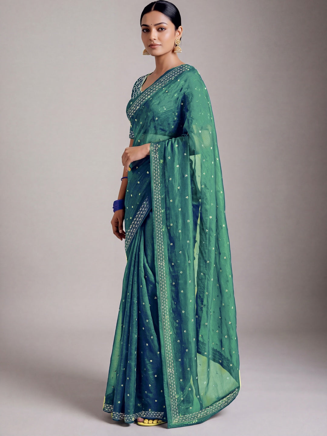 Peachmode Sea Green Fandy Satin Handwork with jharkhand embellishment Saree - Image 3