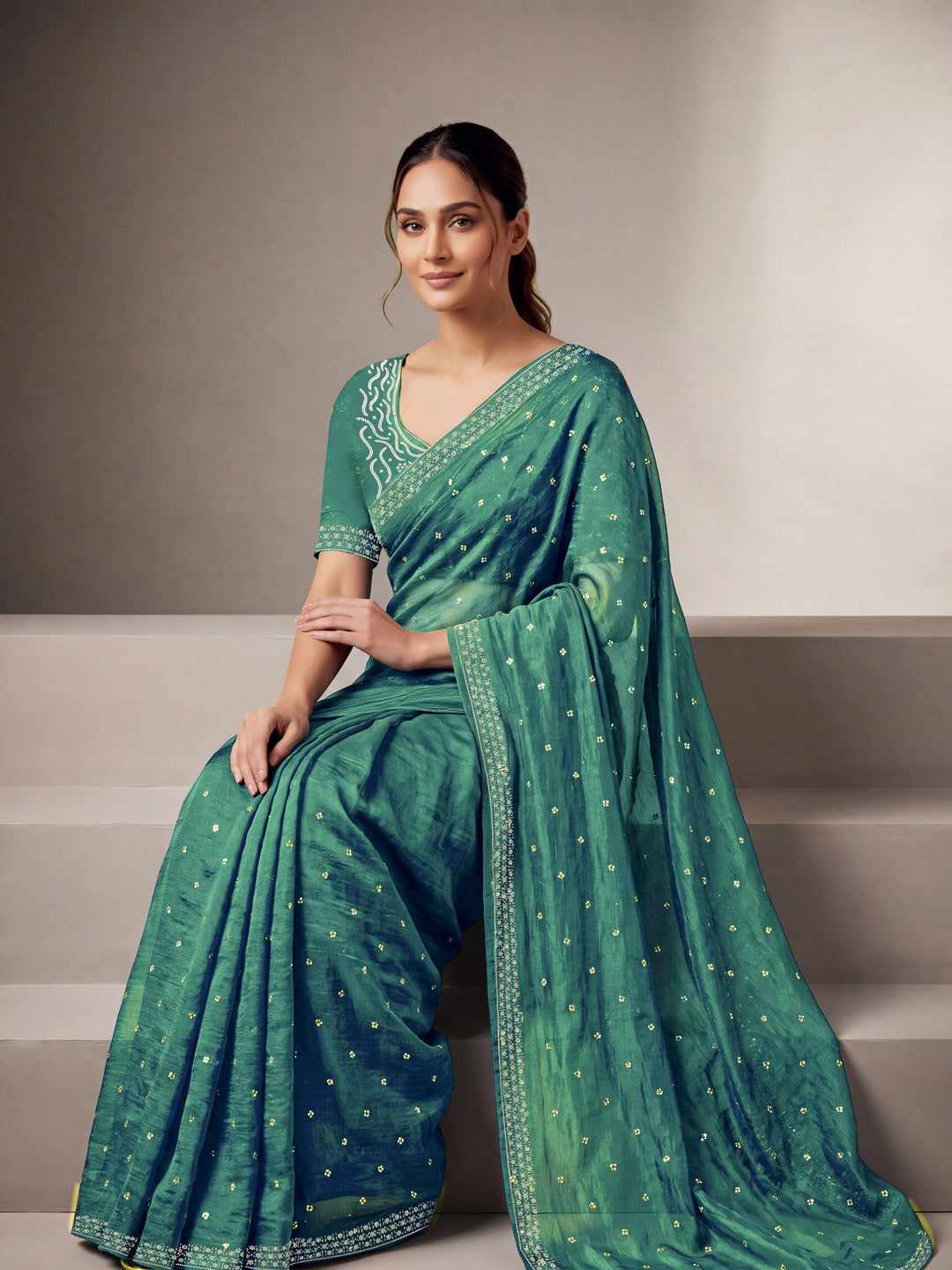 Peachmode Sea Green Fandy Satin Handwork with jharkhand embellishment Saree - Image 5