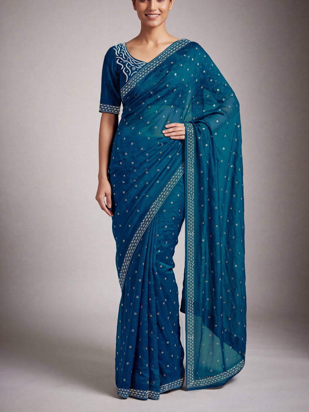 Peachmode Teal Fandy Satin Handwork with jharkhand embellishment Saree - Image 1