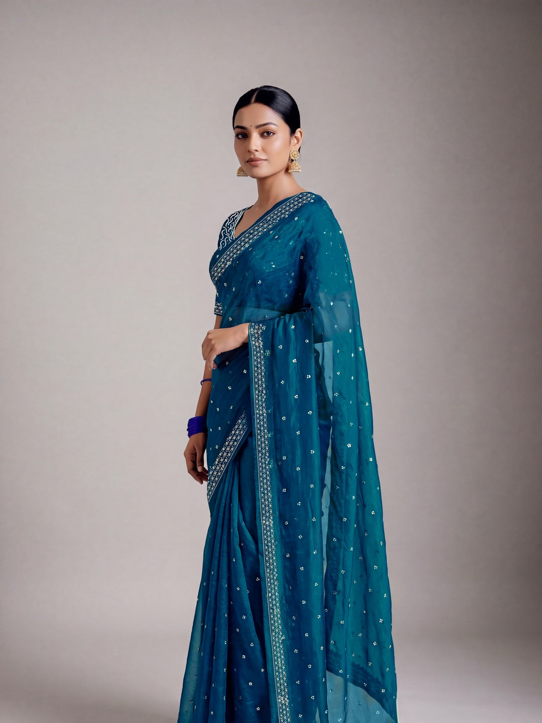 Peachmode Teal Fandy Satin Handwork with jharkhand embellishment Saree - Image 2