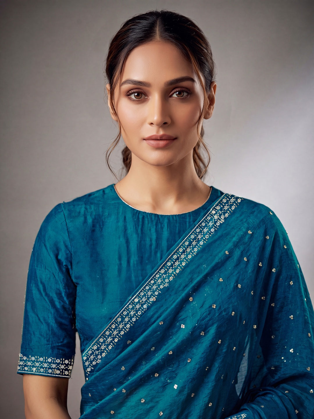 Peachmode Teal Fandy Satin Handwork with jharkhand embellishment Saree - Image 3