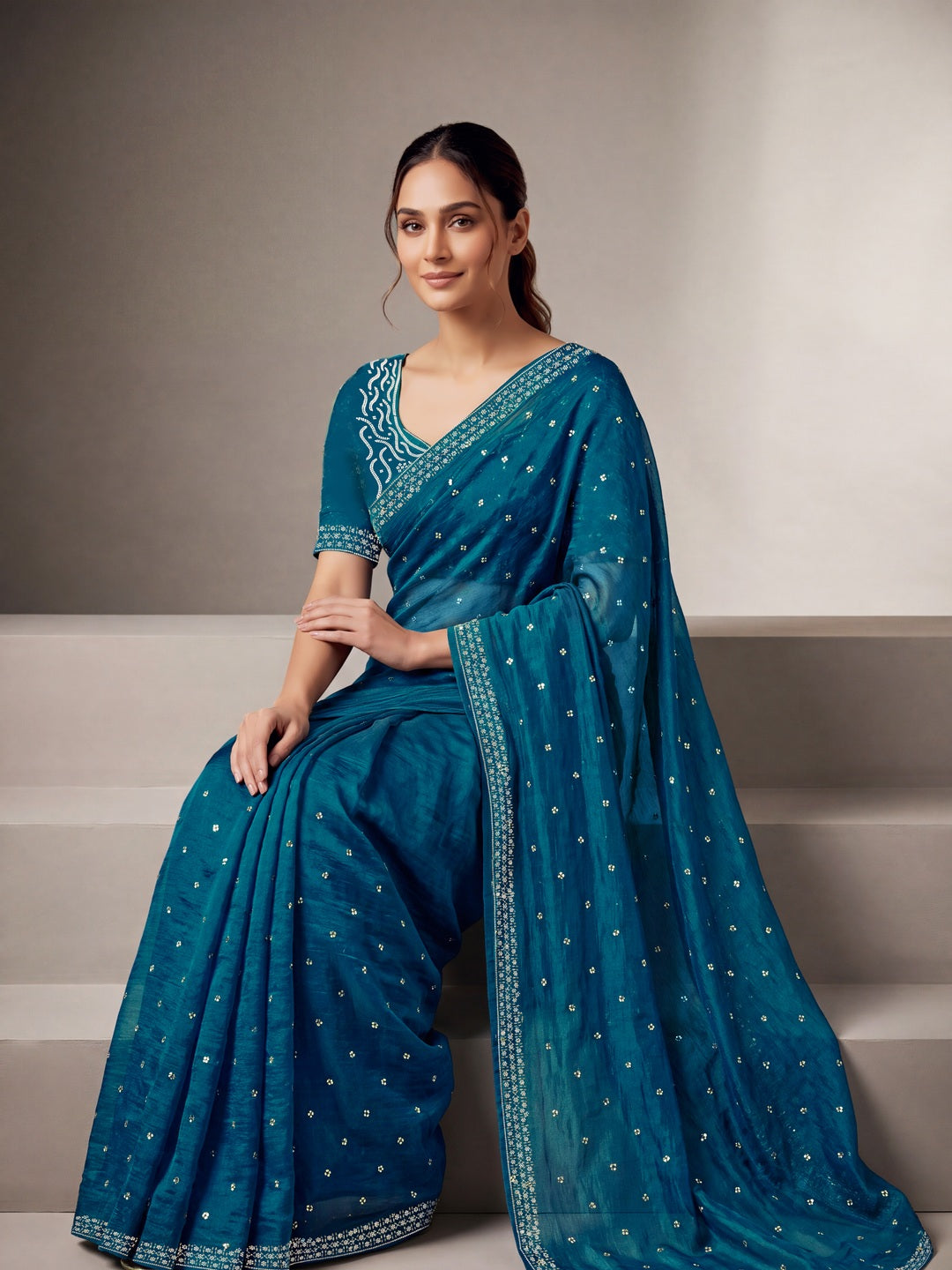 Peachmode Teal Fandy Satin Handwork with jharkhand embellishment Saree - Image 4