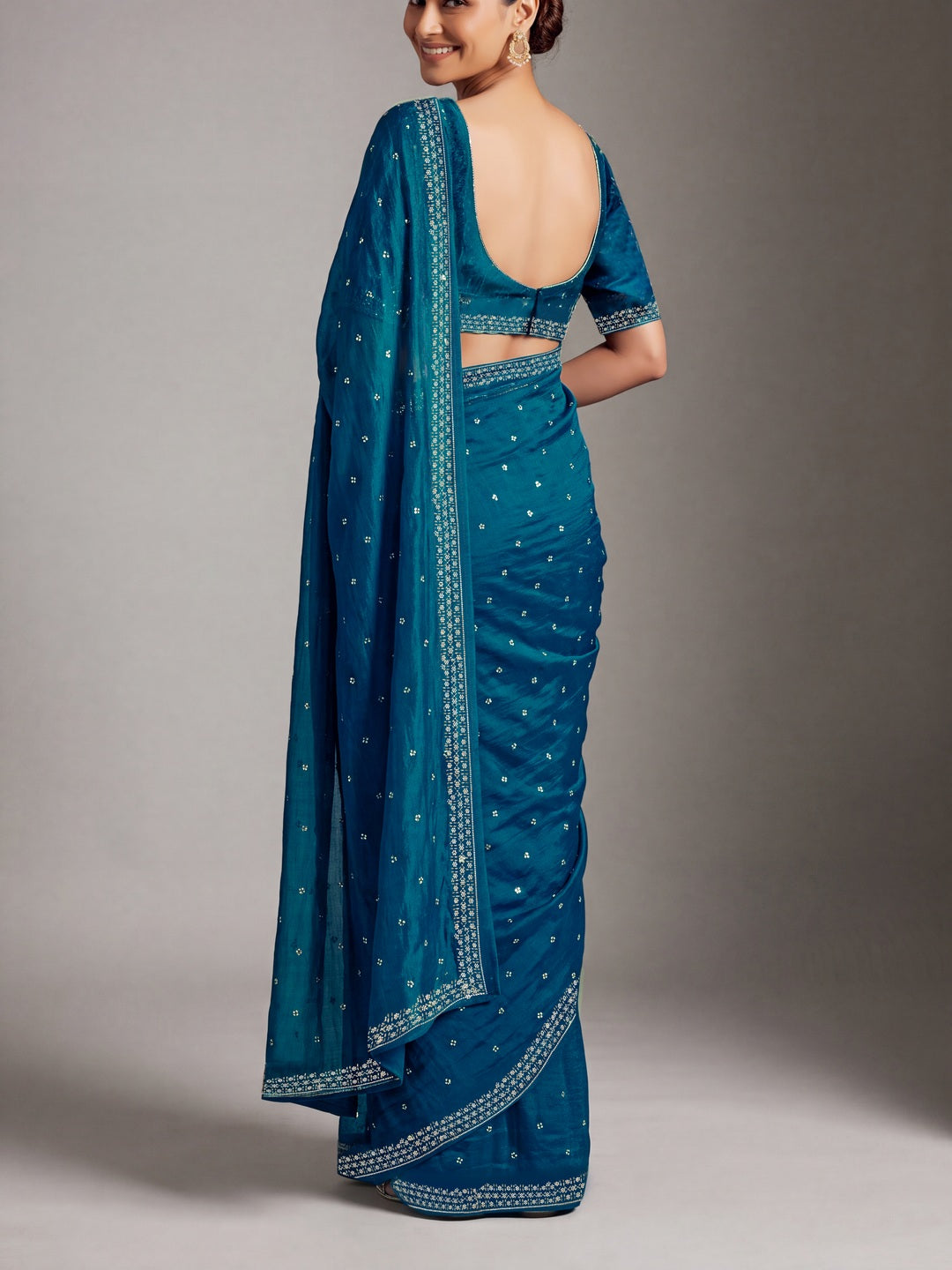 Peachmode Teal Fandy Satin Handwork with jharkhand embellishment Saree - Image 5