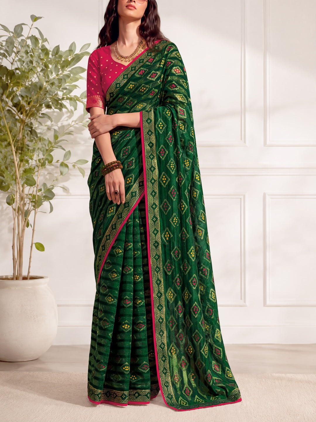 Peachmode Green Solo Bandhani Bandhani print Saree - Image 1