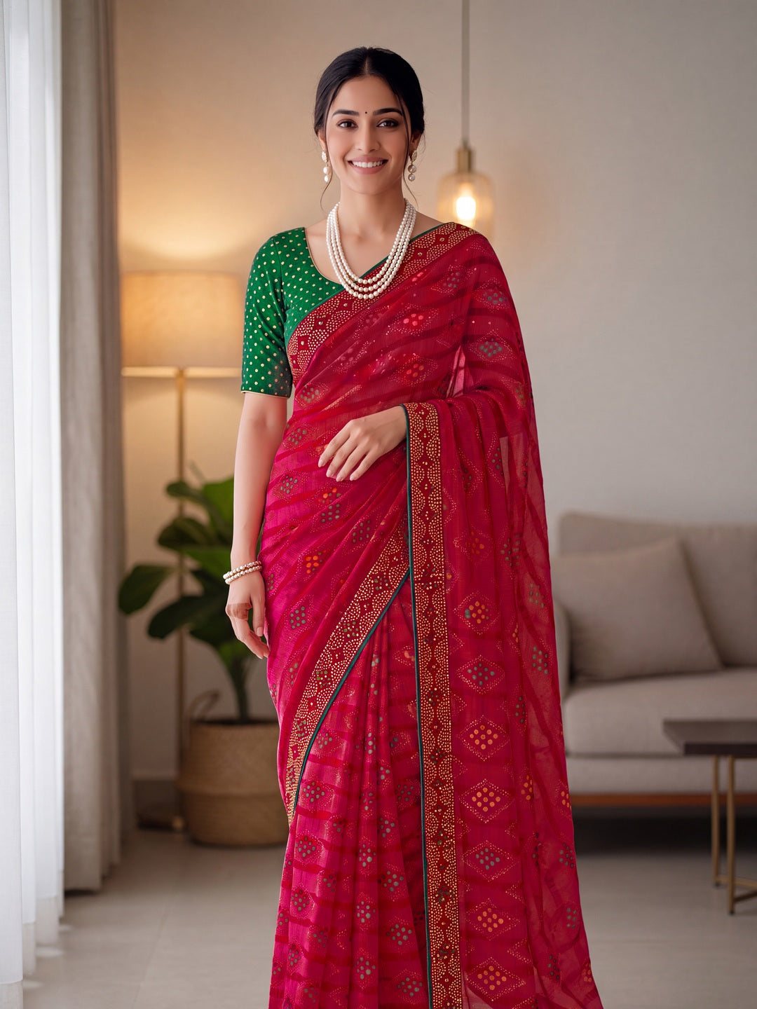 Peachmode Pink Solo Bandhani Bandhani print Saree - Image 1