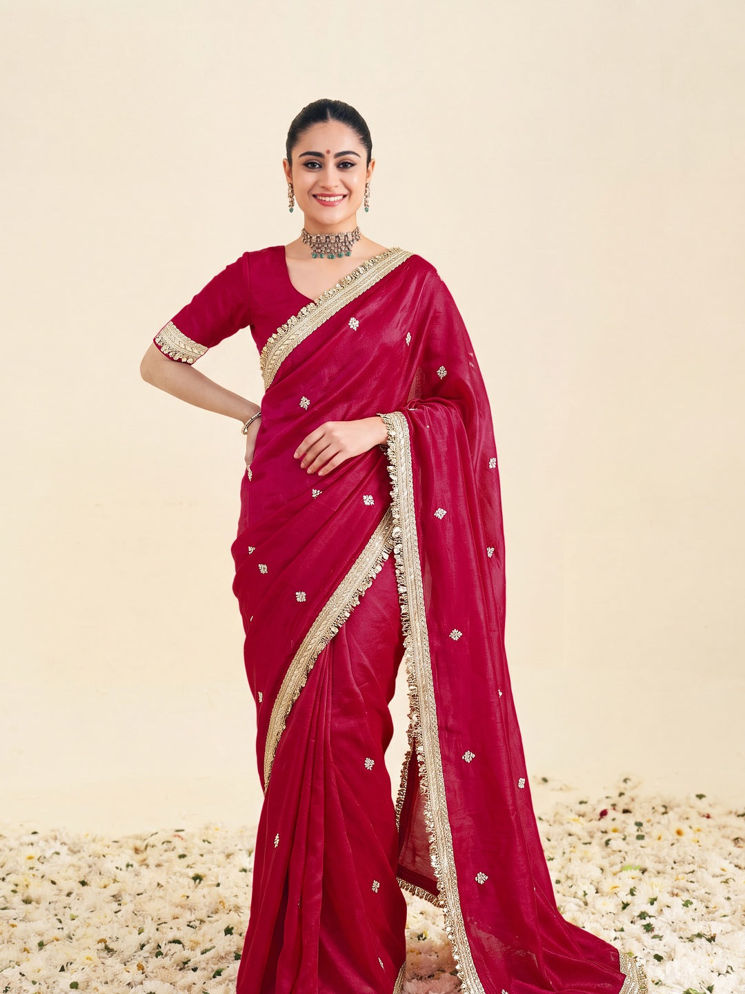 Peachmode Pink Fandy Satin Lace border Saree - Image 1