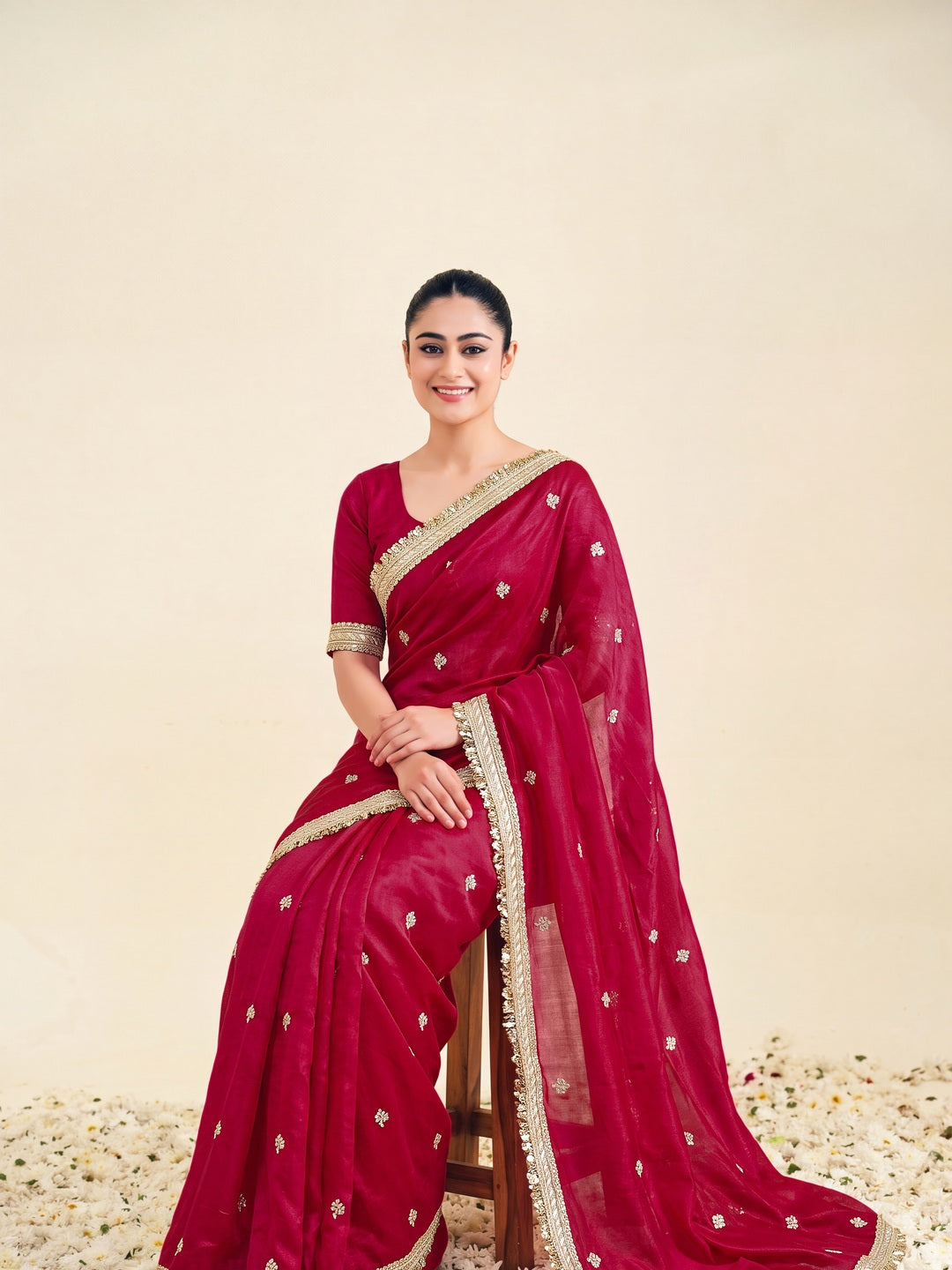 Peachmode Pink Fandy Satin Lace border Saree - Image 3