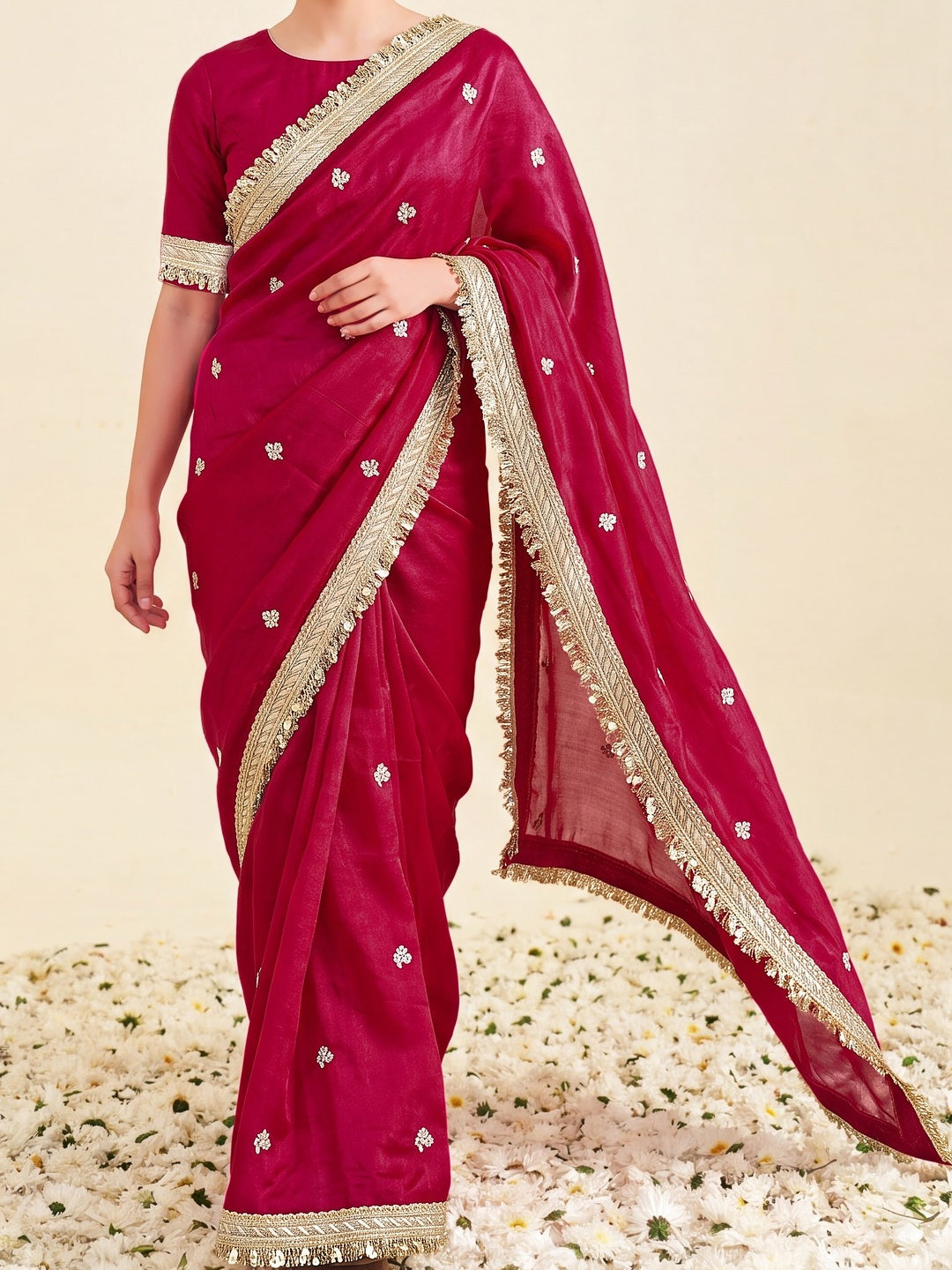 Peachmode Pink Fandy Satin Lace border Saree - Image 5