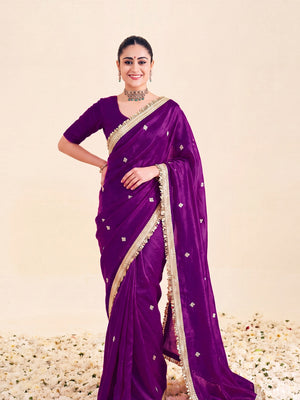 Peachmode Wine Fandy Satin Lace border Saree - Image 1