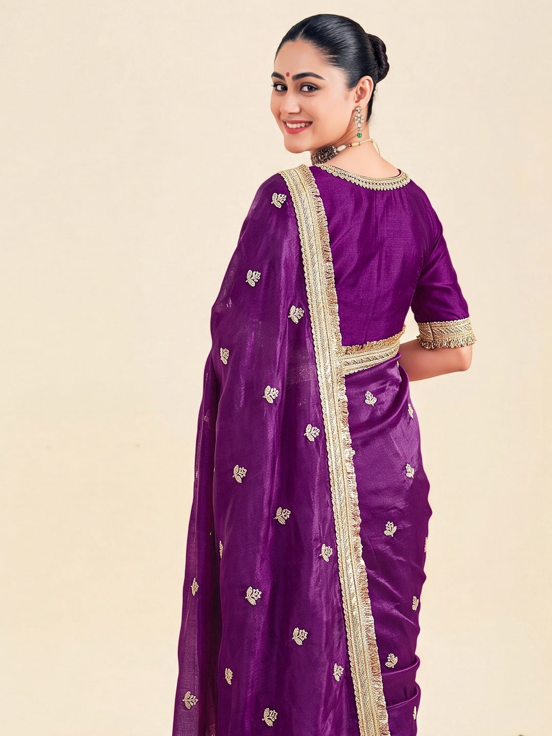 Peachmode Wine Fandy Satin Lace border Saree - Image 5