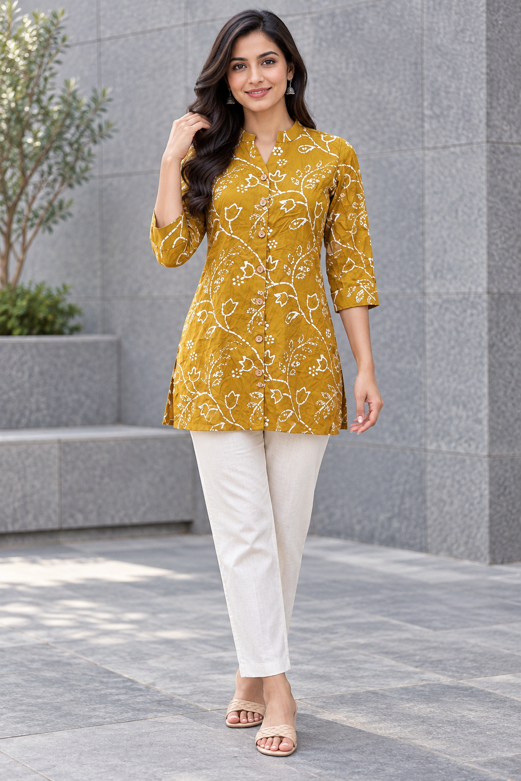 Peachmode Yellow Rayon Floral Buttoned Top - Image 1