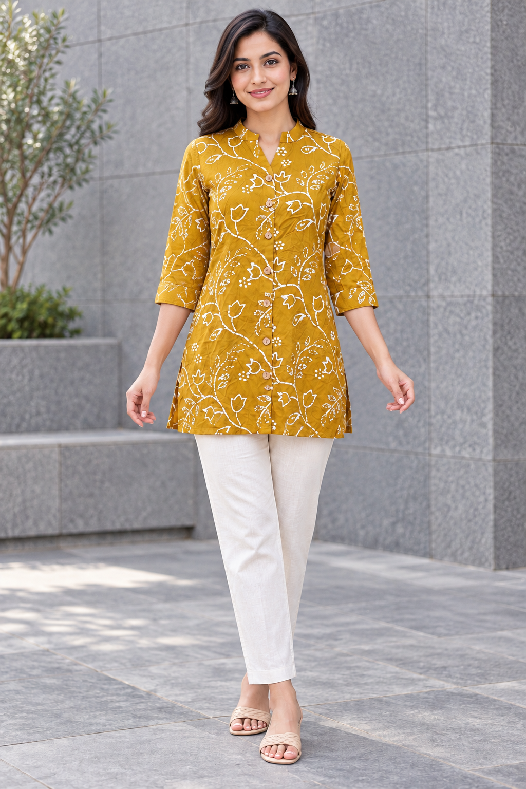 Peachmode Yellow Rayon Floral Buttoned Top - Image 5