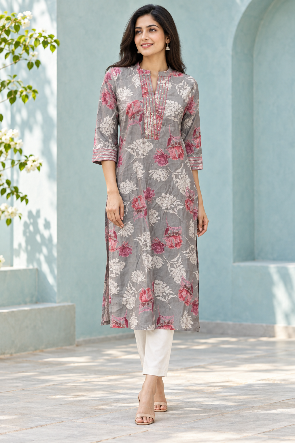 Peachmode Grey Rayon Floral Sequinned Long Top - Image 1