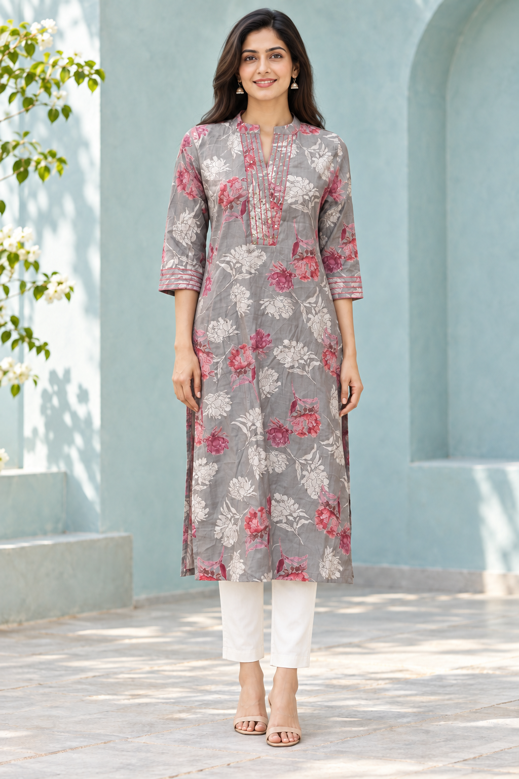 Peachmode Grey Rayon Floral Sequinned Long Top - Image 2