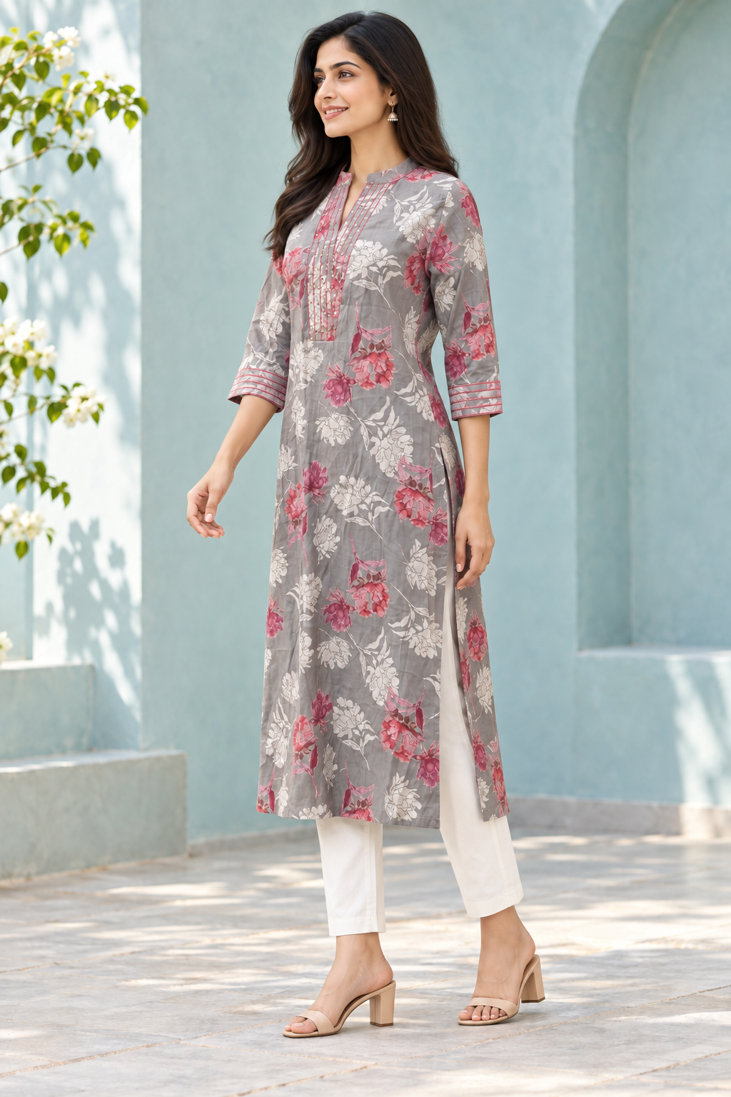 Peachmode Grey Rayon Floral Sequinned Long Top - Image 3