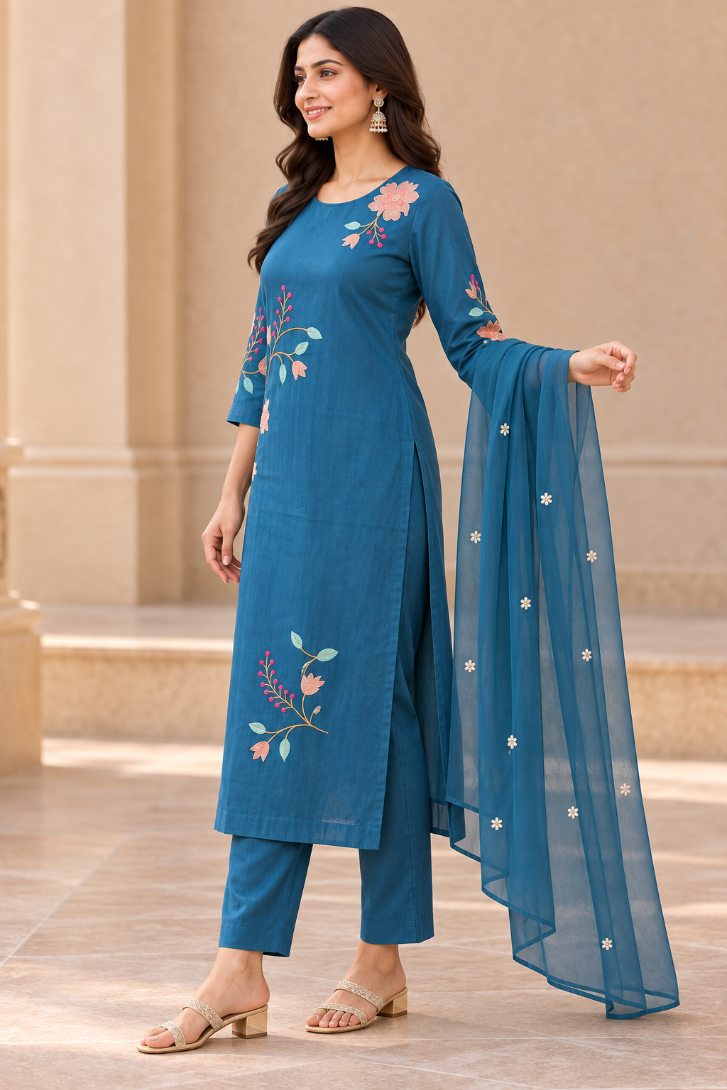 Peachmode Teal Chanderi Cotton Floral Embroidered Salwar Suit - Image 3