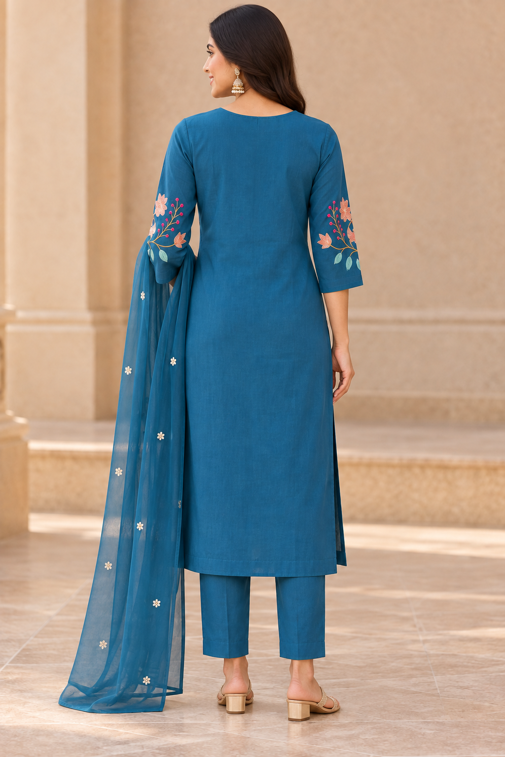 Peachmode Teal Chanderi Cotton Floral Embroidered Salwar Suit - Image 4