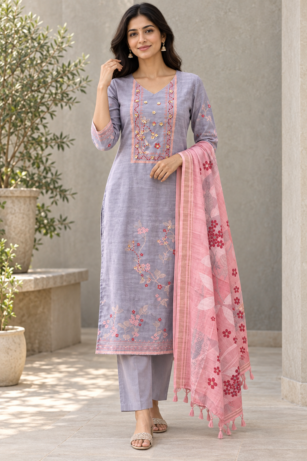 Peachmode Grey Linen Blend Hand Work Salwar Suit - Image 1