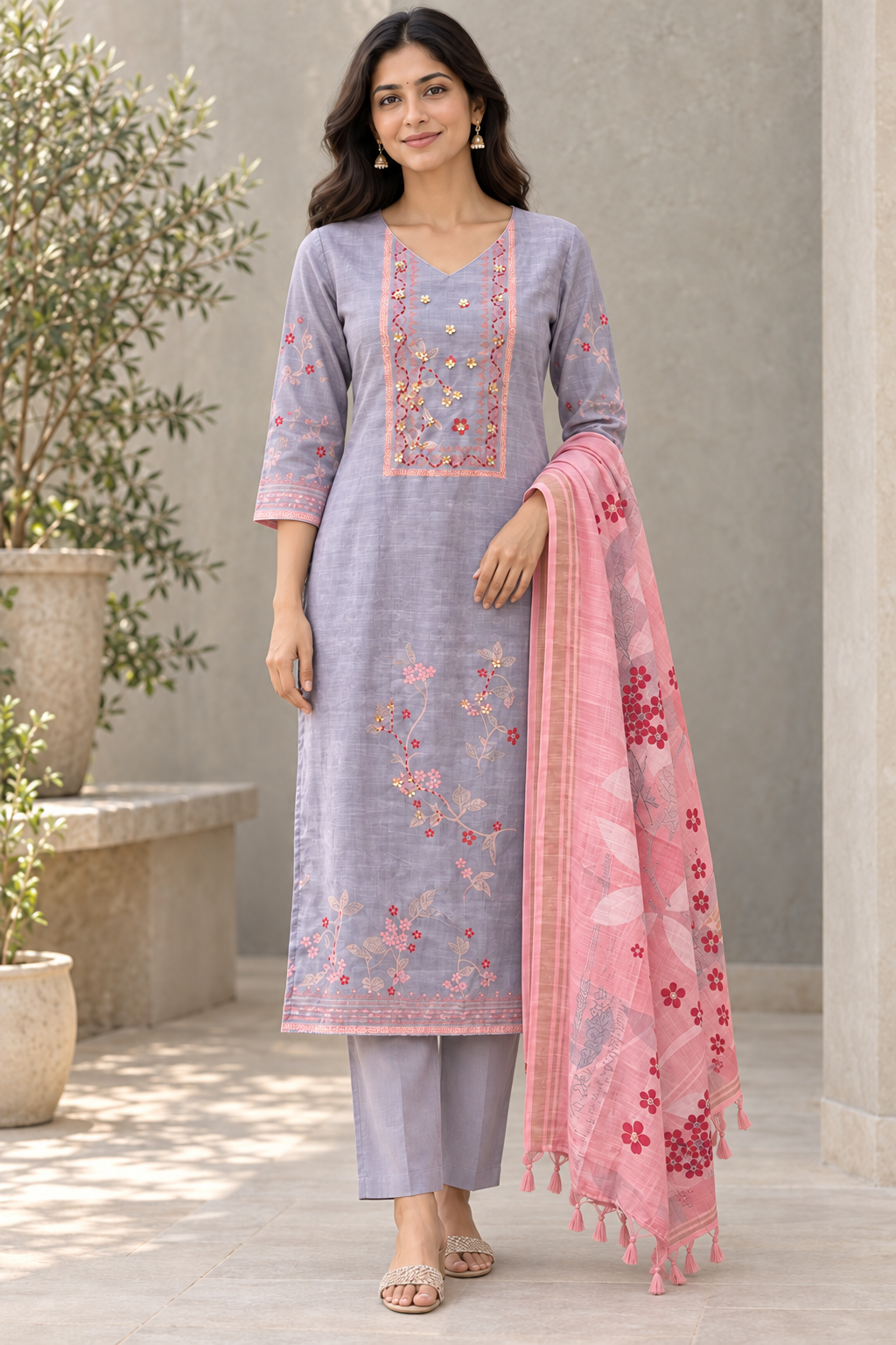 Peachmode Grey Linen Blend Hand Work Salwar Suit - Image 2