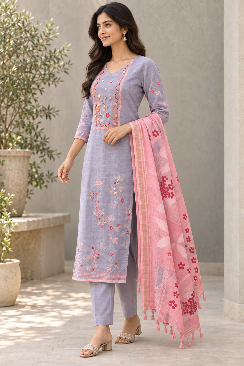 Peachmode Grey Linen Blend Hand Work Salwar Suit - Image 3