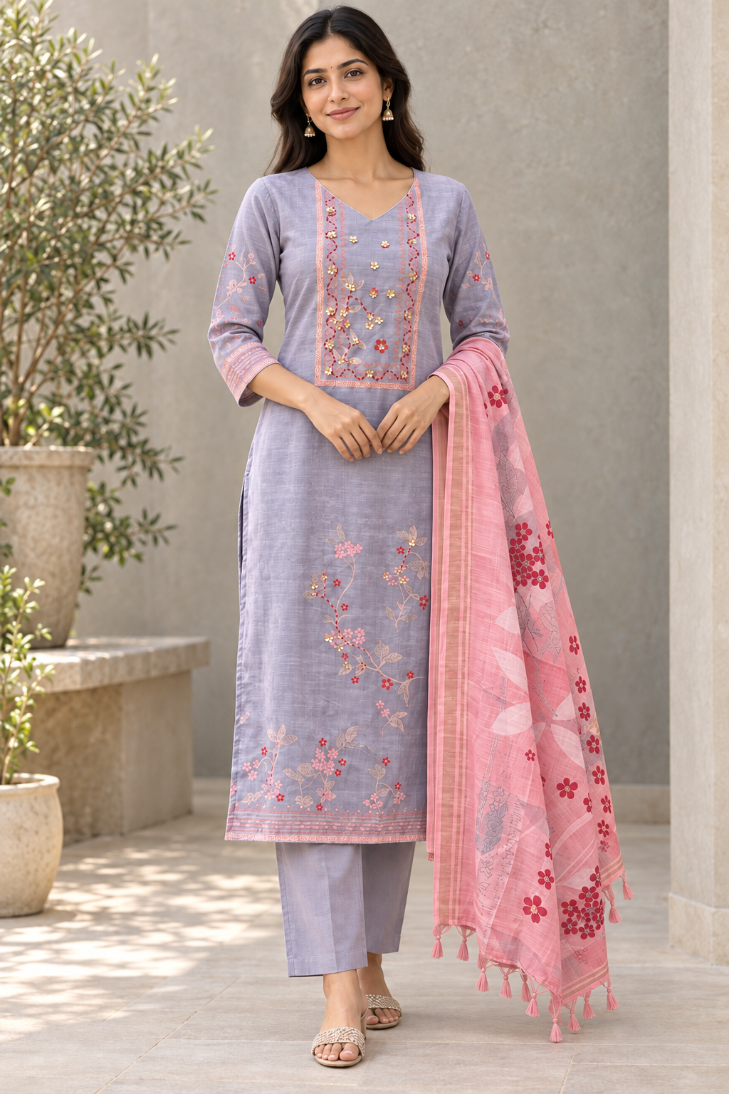 Peachmode Grey Linen Blend Hand Work Salwar Suit - Image 5
