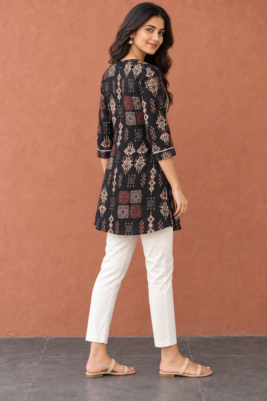 Peachmode Black Rayon Ethnic Printed Embellished A-Line Top - Image 4