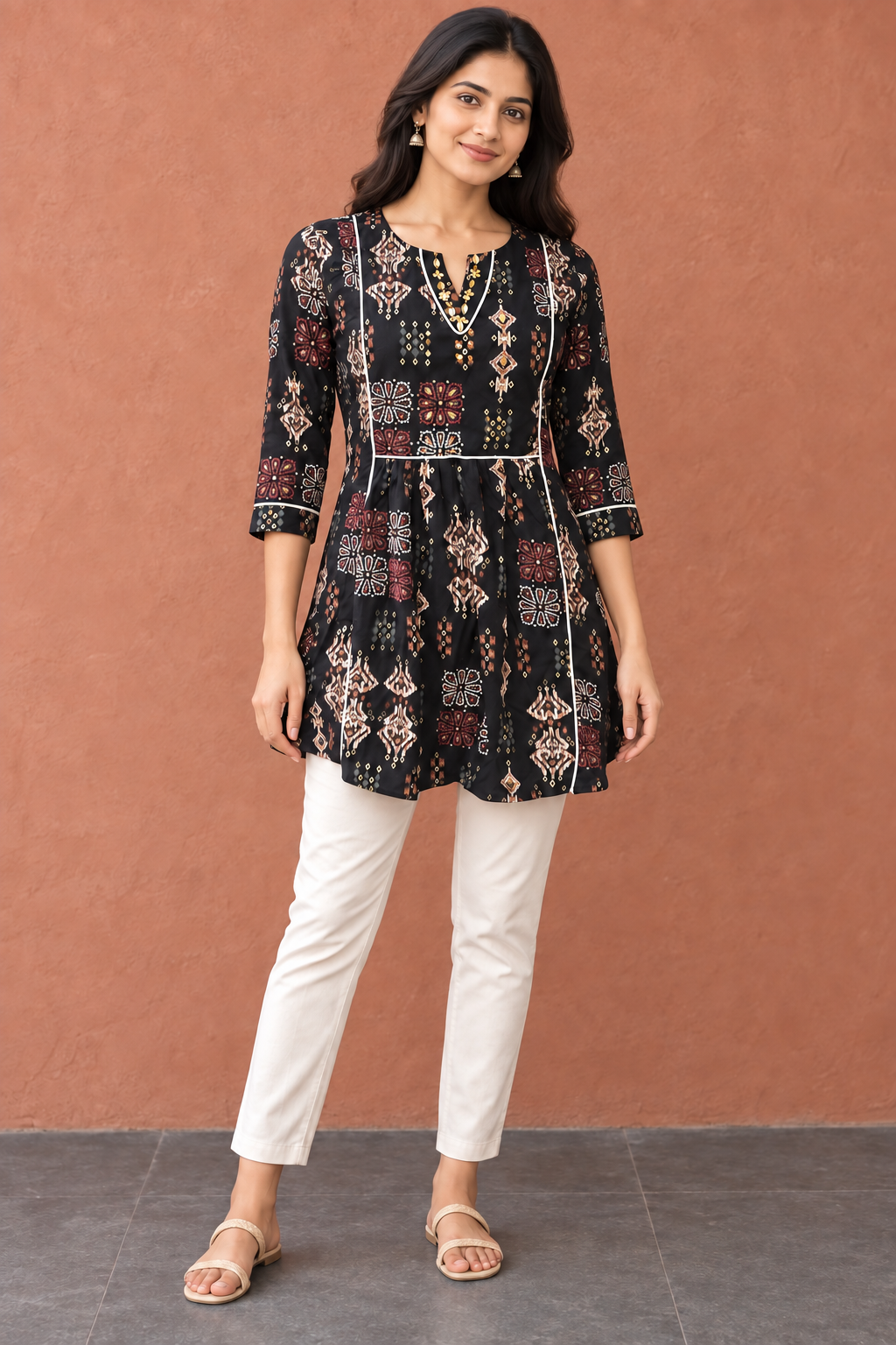 Peachmode Black Rayon Ethnic Printed Embellished A-Line Top - Image 5