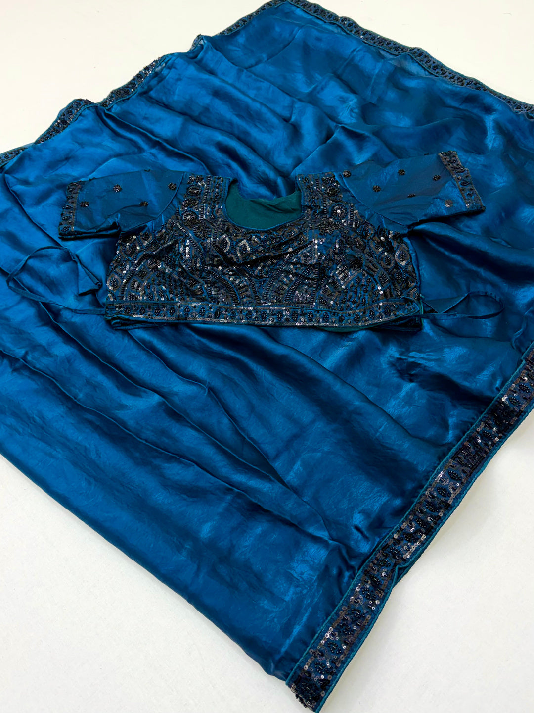 Peachmode BLUE Satin Saree With Embroidered Stitched Blouse - Image 1