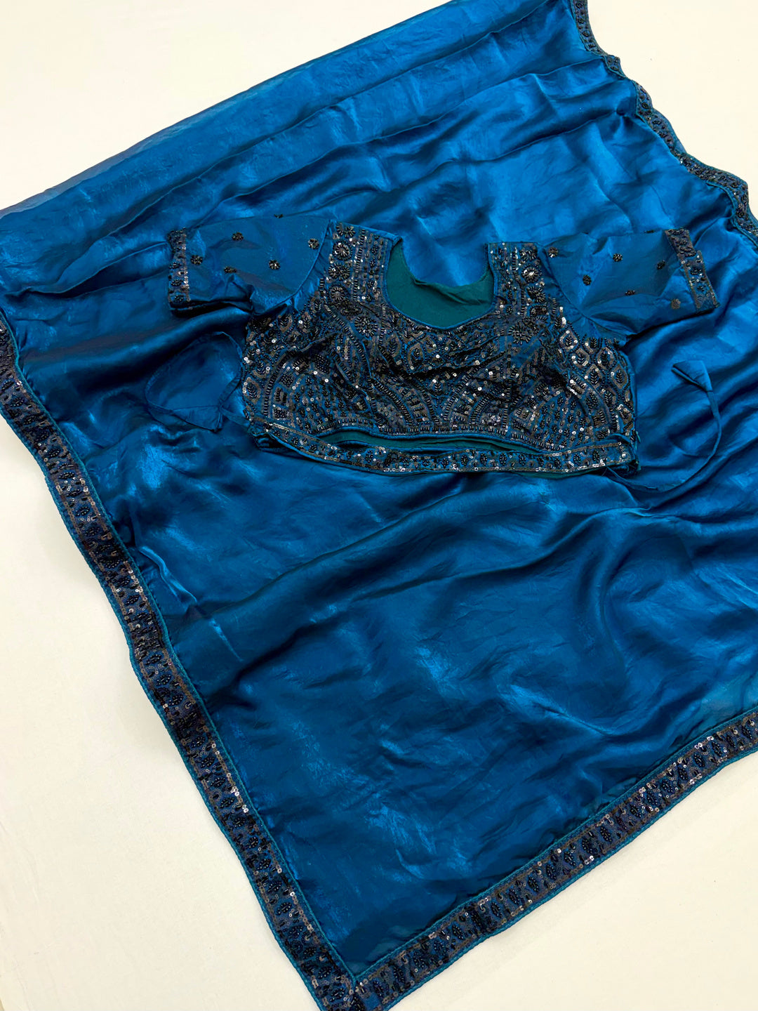 Peachmode BLUE Satin Saree With Embroidered Stitched Blouse - Image 2